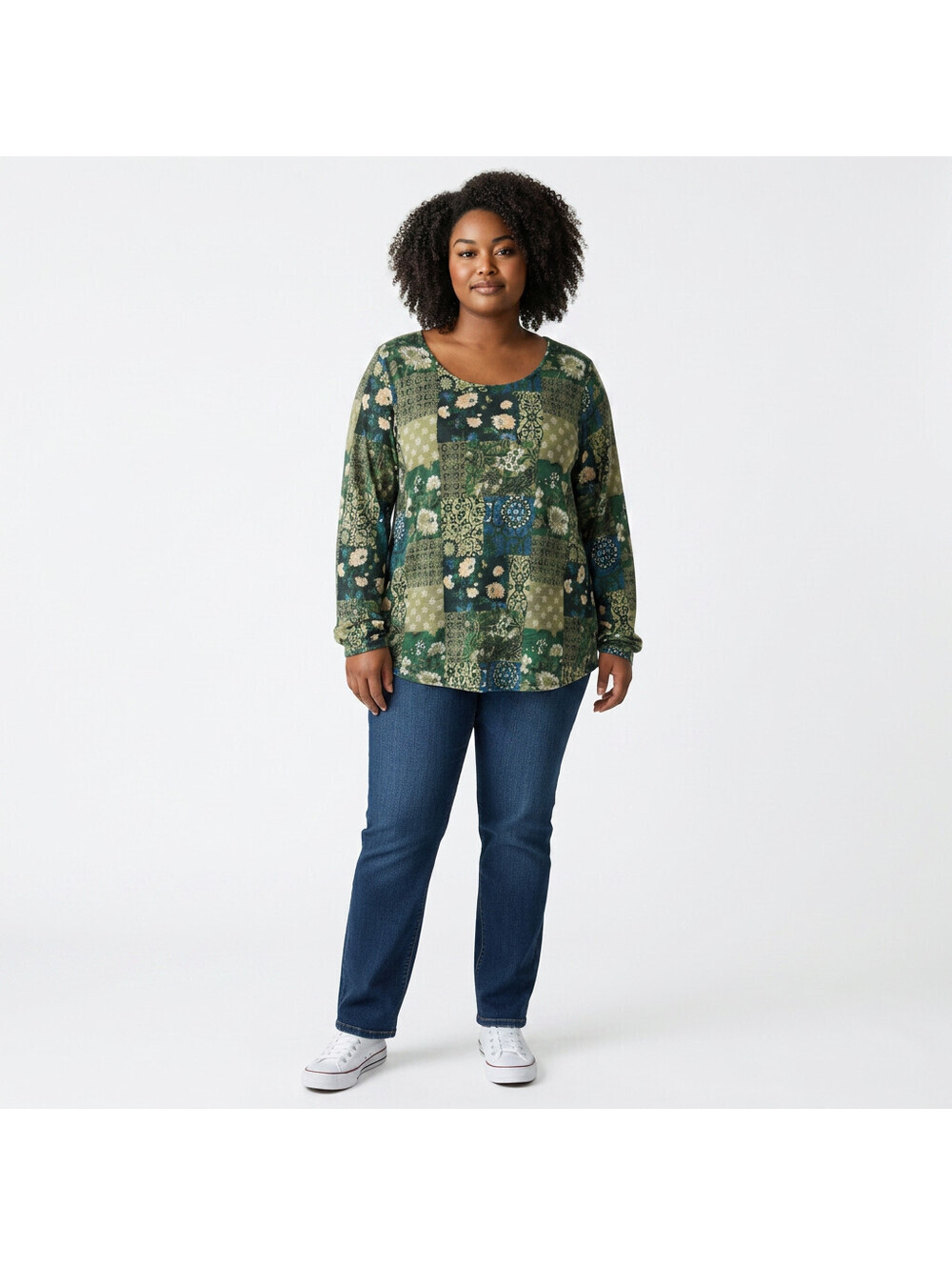 Cato Blouse Women 18/20W Plus Green Floral Long Sleeve Round Neck Cotton Casual